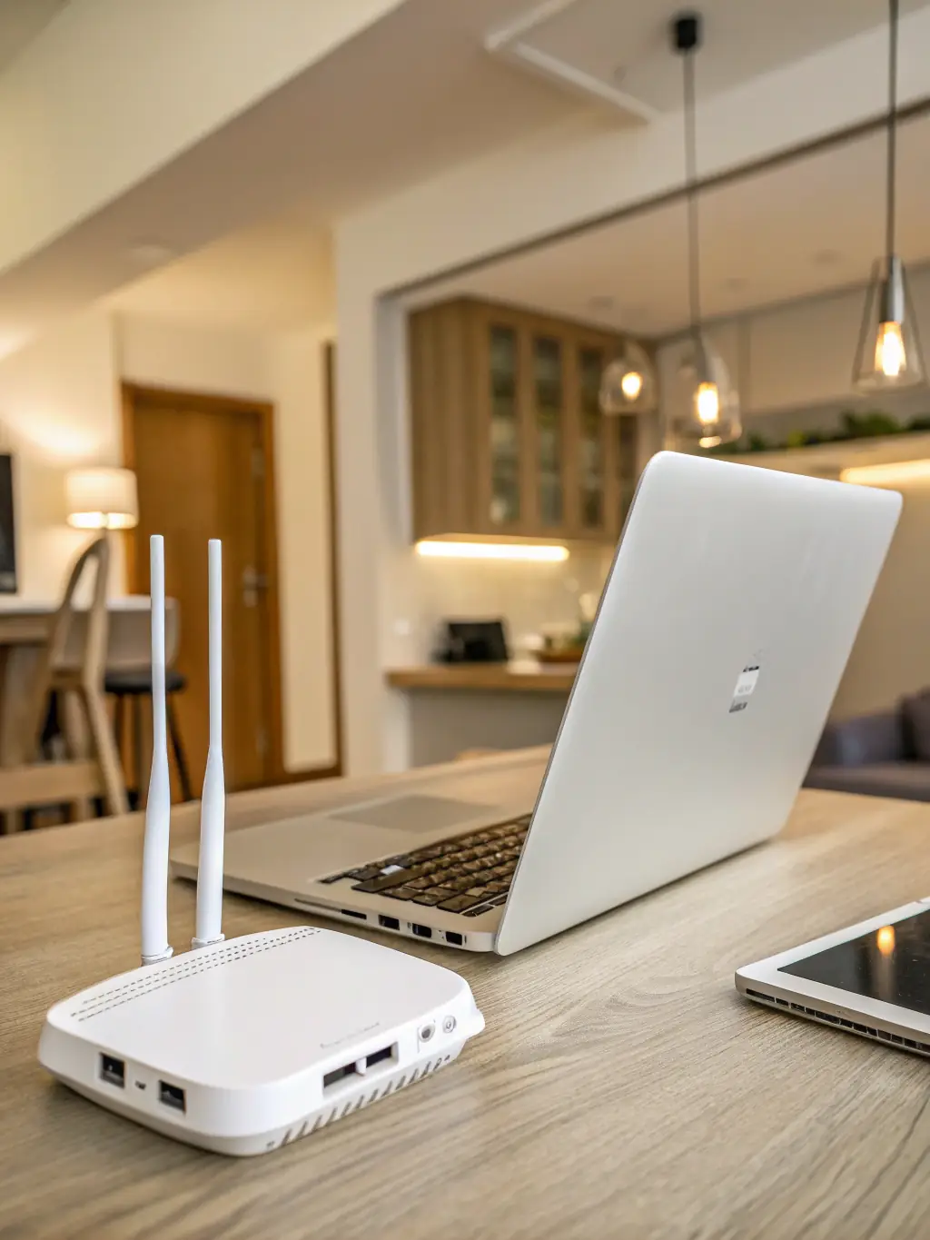 A clear, professional photo of high-speed Wi-Fi setup in an Impero Bnb apartment, showing a laptop and a strong Wi-Fi signal icon in Turin, Italy.
